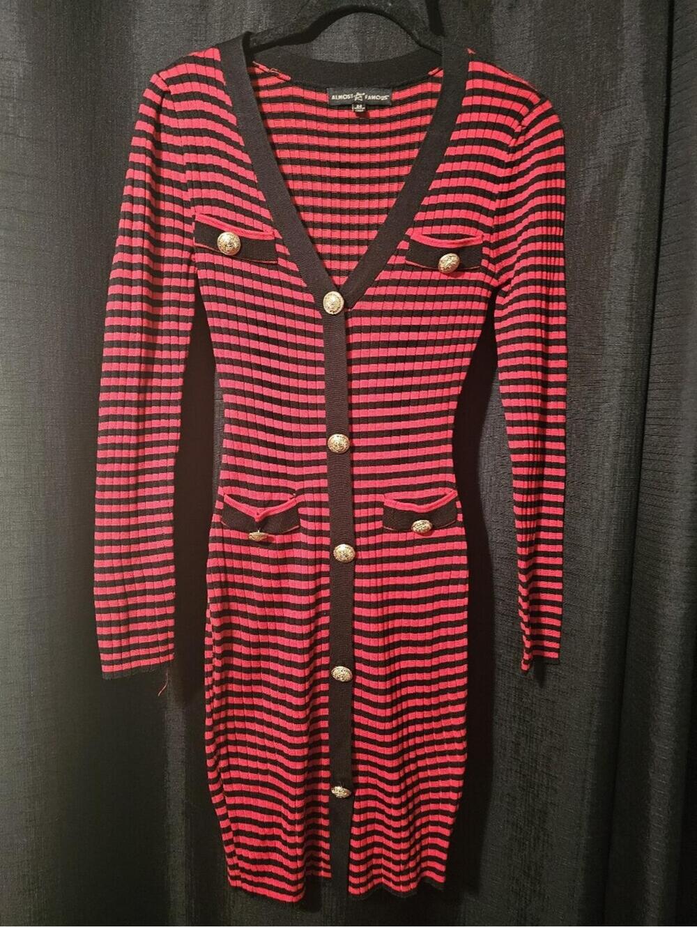 Almost Famous Red and Black Striped Long Sleeve Knit Dress with Gold Buttons